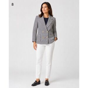 CAbi Double Breasted Blazer Jacket Womens Small Blue White Stripe Nautical Rayon